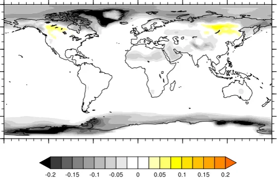 Fig. 6. Spatial distribution of multi-model mean changes in the clear sky albedo between mid-Pliocene and pre-industrial simulations