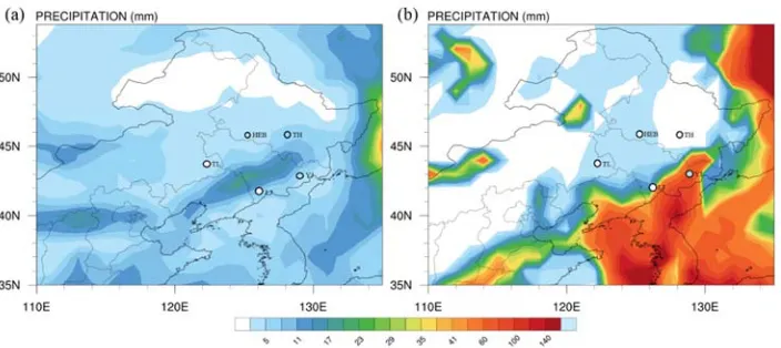 Figure 3. Daily precipitation from the simulation data at (a) 17 June and (b) 19 June (unit: mm)