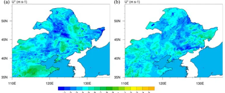 Figure 5. U* from the simulation data at (a) 12:00 CST 17 June and (b) 12:00 CST 19 June (unit: m s-1)