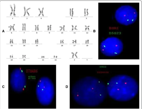 Figure 2 Routine cytogenetic and fluorescence insitu hybridization (FISH) results. A)(green signal) for chromosome 8 centromere and D20S108 (20q12, red signal) in G-banded chromosome analysis shows a normalfemale karyotype