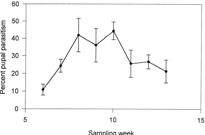 Figure 2. Percent parasitism branch sample sample weeks in North Burnaby in of B. ainsliella by larval ectoparasitoids in consecutive 1997