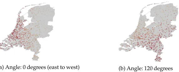 Figure 2Synthetic frequency data with dialect continua in two different angles.