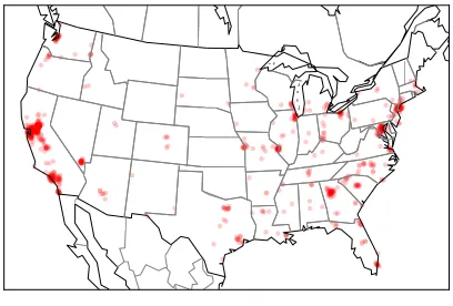 Figure 1A map of 1,000 geolocated tweets containing the word hella.