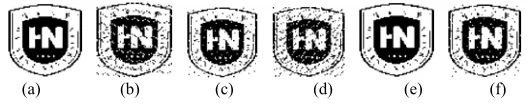 Figure 6. The Decryption of the Extracted Watermark: (a)under no Attacks(NC=1); (b)under Salt & Pepper Noise(Noise Variance=0.04, NC=0.88; (c)under JPEG Compression(Compression Quality=15%, NC=0.94; (d) under Rotation of 5° Clockwise(NC=0.84); (e) under Re
