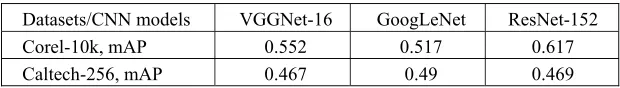 Table 1.  Retrieval accuracy of the individual CNN features on two datasets. 