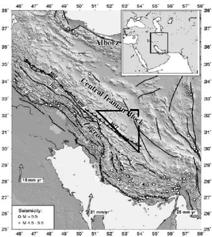 Figure 1. Location of the Zagros major active faults and seismicity and modeled area (triangle)