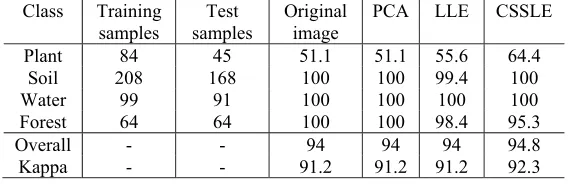 Table 1. Number of samples and classification accuracies in percentage of the SubCanb image