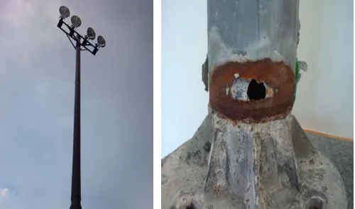 Figure 1. Actual Lighting Pole and Example of Defect. 
