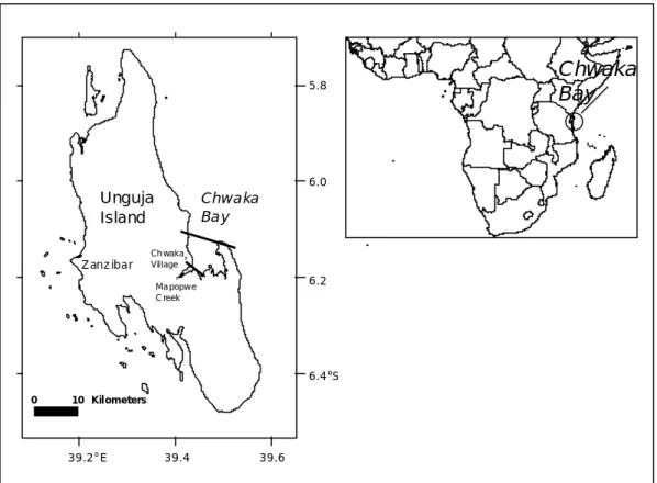 Figure 2.1.  Map of  Chwaka Bay, Zanzibar.  Bars on the bay show the budgeted outer and inner compartments of the bay.