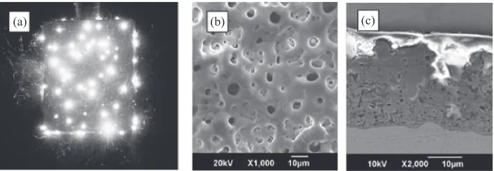 Fig. 8Microdischarge appearance during PEO (a); PEO biocompatible coating on nanostructured Ti, top view (b) and cross-section (c).
