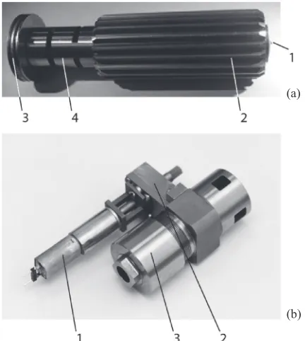 Fig. 1Shear diamond anvil cell: (a) Upper piston with a diamond anvil,ensuring the formation of a controlled shear deformation by its rotation:a1-movable anvil, a2-toothed shape piston, a3-trust bearig, a4-opring;(b) General view of the shear diamond anvil cell for the pressure up to150 GPa: b1-electric motor, b2-gearbox, b3-nut.
