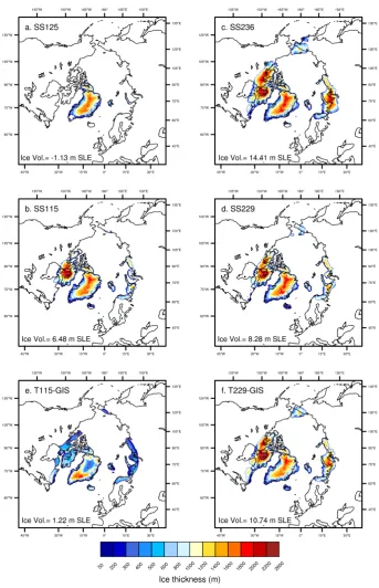 Fig. 8. Simulated ice thickness (m) for each of the steady-state experiments SS125ice thickness in meters for the transient experiments T115-GIS (a), SS115 (b), SS236 (c) and SS229 (d)