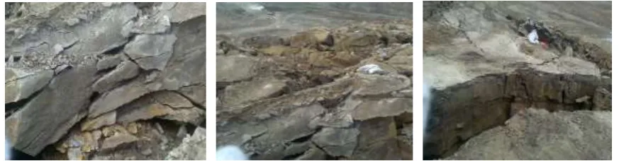 Figure 2. (a) Occurrence of bedding rock; (b) Irregular rock bulk blasting muck pile; (c) Rock along vertical direction