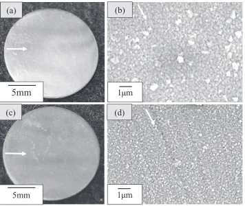 Fig. 1　Overviews((a), (c)) and SEM images ((b), (d)) of samples. (a) and (b) Er2O3/Y2O3 before thermal cycle, (c) and (d) Er2O3/Y2O3 after 30 thermal cycles.