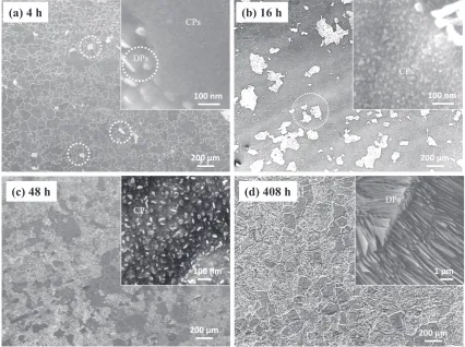 Fig. 1　FESEM micrographs for Cu-4.3 at% Ni- 2.2 at% Si alloy specimen aged at 723 K for (a) 4 h, (b) 16 h, (c) 48 h and (d) 408 h