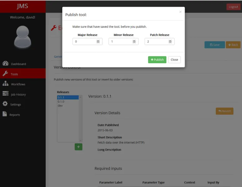 Fig 7. Tool versioning interface. Users may publish a new version of a tool by adding a release or revert the development version to an older version by selecting the version and clicking on the “Revert” button.