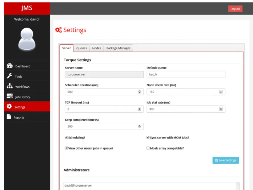 Fig 10. Cluster configuration settings. The settings page can be accessed by both normal users and administrators