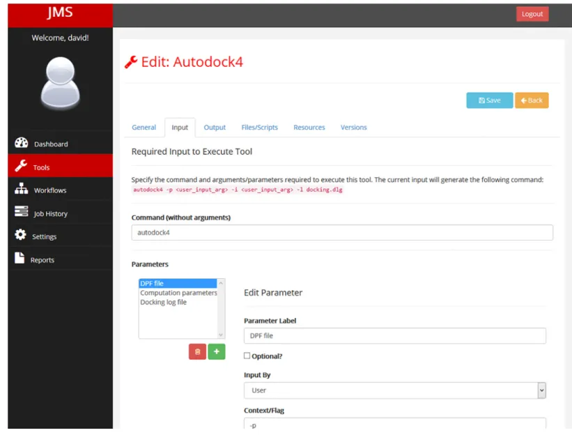 Fig 2. The tool creation interface. JMS provides a user-friendly tool creation interface
