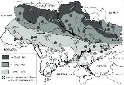 Fig. 1. The chronology and location of the southerly dispersal and expansion of the moose population in Ukraine during the 20th century.