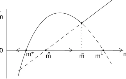 Figure 4: The phase diagram of m under a monetary policy regime switch, Eqn. (33)