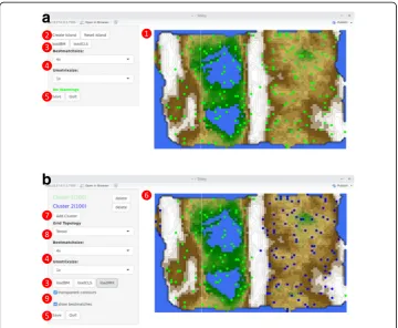 Fig. 4 Screenshots of interface components “iUmapIsland” and “iClassification” of the interactive “Umatrix” Rlibrary