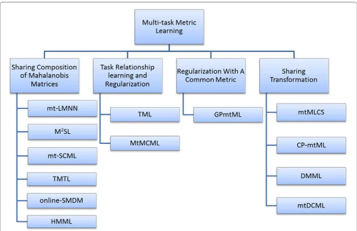 Fig. 1 A summary of multi-task metric learning approaches. This figure gives a summary of the approachesmentioned in this paper, where the name of each method is under the branch of its corresponding type