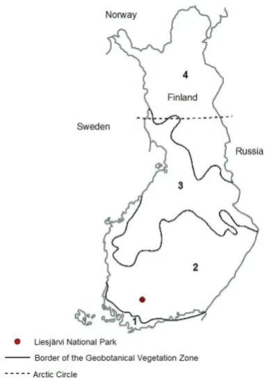 Fig. 1.  The location of Liesjärvi National Park in southern Finland.  The geobotanical vegetation zones are after Kalliola (1973: 1 = hemiboreal zone, 2 = southern boreal zone, 3 = middle boreal zone, and 4 = northern boreal zone.