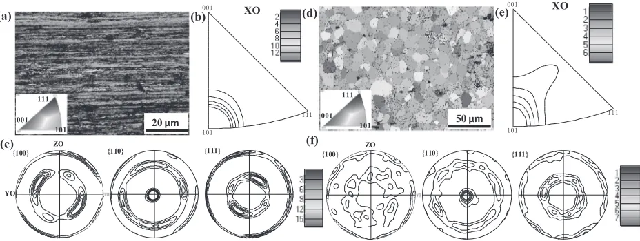 Fig. 2Inverse pole ﬁgure (IPF) maps along the drawing direction (X0), IPFs and corresponding calculated pole ﬁgures of (a), (b), (c) as-drawn and (d), (e), (f ) annealed (Fe83Ga17)99.4B0.6 wire.