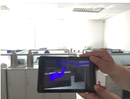 Figure 8. The accuracy verification of position tracking in office based on Area Learning                      (The blue part is the record of the actual walking route, and the office                                                        model built by 1: