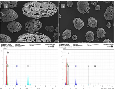 Figure 1. Scanning Electron Microscopy-Energy-dispersive X-ray Spectroscopy (SEM-EDS)   images of raw fly ash (a) modified fly ash (MFA)-TiO2 (b) 