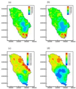 Figure 4. The ensemble variance of LnK: (a) initial, top layer; (b) updated, top layer;  (a) initial, bottom layer; (b) updated, bottom layer