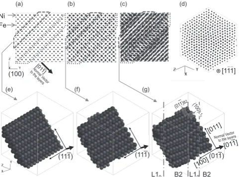 Fig. 1　(a)–(c) Perspective views from x-direction, (100)-traces, of (a) t = 0 ps, (b) t =  1 ps and (c) t =  50 ps