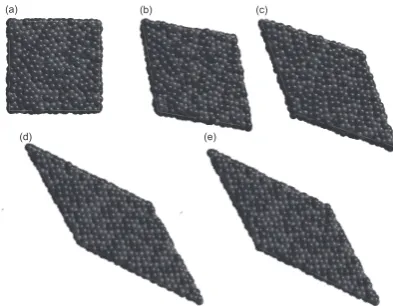 Fig. 8　Space-flling views of the MD simulation results for Alloy 5 with progress in elapsed time from (a) and (b) for Alloy 5-s at t =  0 and 65 ps with amorphous DRP structure, respectively