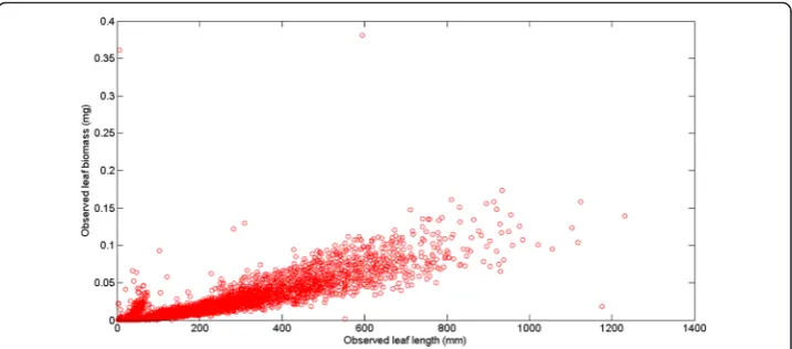 Fig. 1 Observed leaf length and biomass values. A plot of leaf length versus leaf biomass data reveals apower function-like trend masked by a great variability in observed leaf weight replicates for a given leafsize