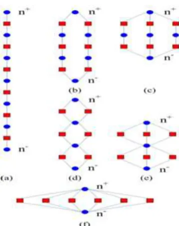 Figure 1. Bipartite network model of 6 nodes (a)6S1P, (b)3S2P, (c)2S3P, (d)2P3S, (e)3P2S, (f)6P1S  ■cell node, ●connection node