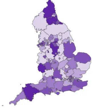 Figure 2:  Pupils with social, emotional and mental health needs, percentage of school pupils11 This data highlights patches of higher prevalence in the South and East of England, although there is 