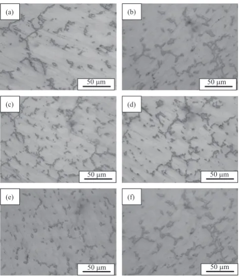 Fig. 3　The effect of casting speed on the microstructure of AZ81 ingot (a) 50 mm/min edge, (b) 50 mm/min center, (c) 80 mm/min edge, (d) 80 mm/min center, (e) 110 mm/min edge, and (f) 110 mm/min center.