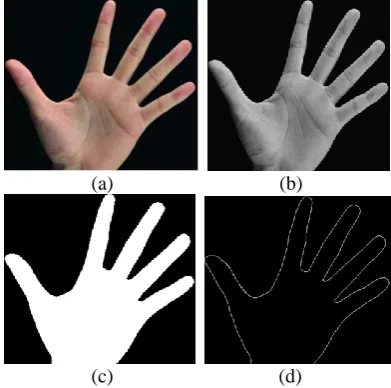 Figure 1. (a) Original image, (b) Grayscale image, (c) Binary image, (d) Palm border image