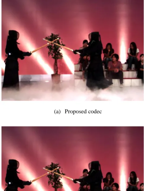 Figure 4: Decoded frame number 16 from Kendo videos of   a) the proposed codec and b) the MV-HEVC standard codec