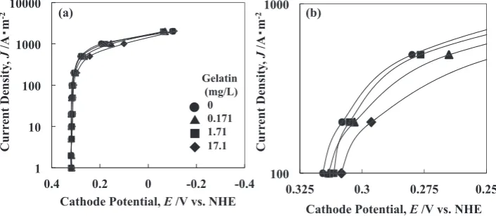 Fig. 12　Normal (a) and magnifed (b) polarization curves for Cu deposition from solutions containing various concentrations of gelatin as a single additive.