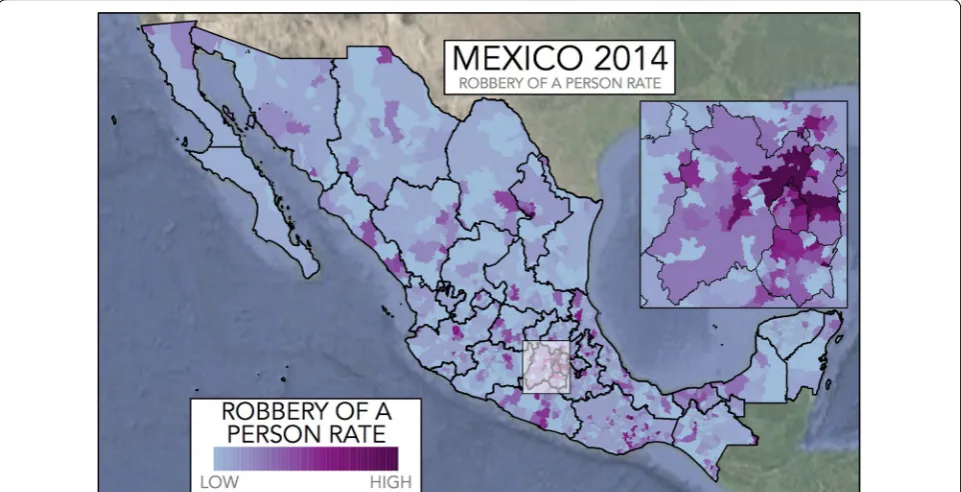 Fig. 3 The victimisation rate in Mexico considering Robbery of a Person in 2014. For counties with no information or small amount of survey respondents, the average victimisation rate, obtained as the average of the whole state is plotted, only for display purposes