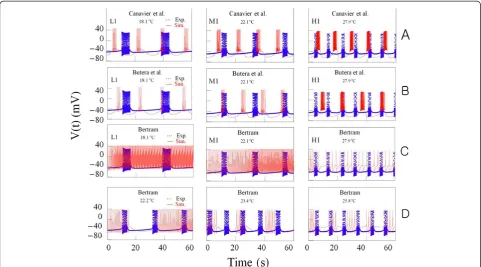 Figure 8 Time series of bursting activity drawn by using the data for the experiments A and computer simulations at differenttemperatures