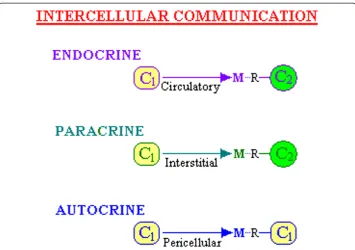 Figure 1 Types of communication between cells. This illustrates the terms used to describe communicationbetween cells (C1 and C2 are cells) where a message (M), carried by a molecule (eg