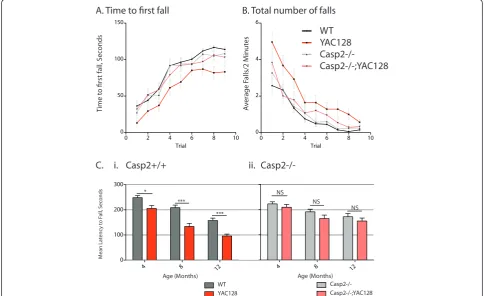 Figure 1 Casp2-/- mice are protected from rotarod learning and accelerating rotorod deficits in the YAC128 micetrained at 4 months of age on a fixed speed (18 RPM) rotorod; 9 trials of 2 minutes each were conducted over three days