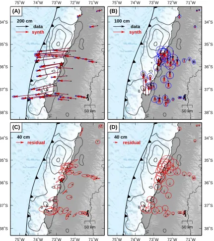 Figure 3.7: Observed and predicted GPS displacements using the favored joint models. (A,B) Observations (black) and predictions (red) for the (A) horizontal and (B) vertical com-ponents of GPS displacements