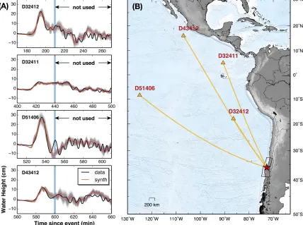 Figure 3.8: Observed and predicted DART waveforms using the favored joint models. (A)The observed tsunami waveforms at DART stations are represented by thick black line