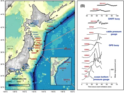 Figure 2.1: Source region and tsunami records for the 2011 Tohoku-Oki earthquake. (A) Thedistribution of stations that recorded the tsunami generated by the earthquake