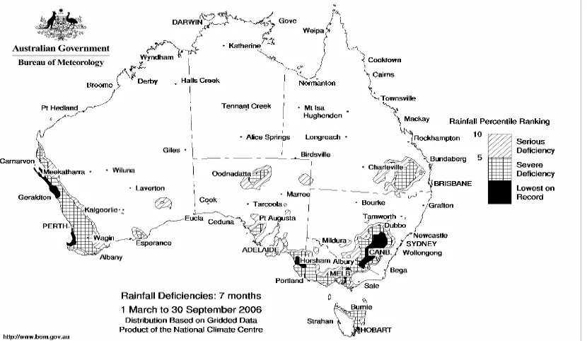 Figure 1: Rainfall Deficiencies from March 1st – September 30th 2006 in Australia.  Source: www.bom.gov.au
