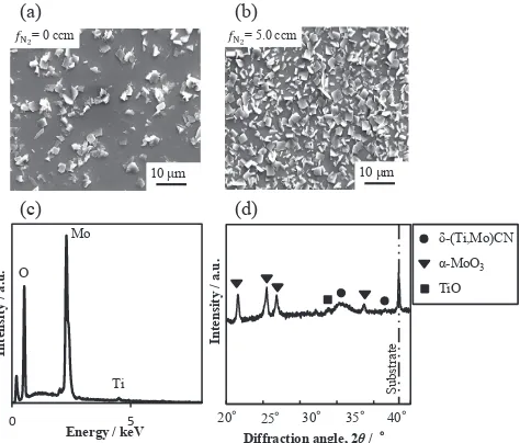 Fig. 10SEM images of the surface of the ﬁlm after oxidation at 500°C inthe ﬁlm deposited at (a) fN2 ¼ 0 ccm and at (b) fN2 ¼ 5:0 ccm