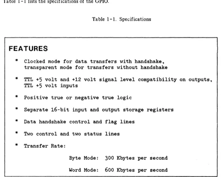 Table 1-1 lists the specifications of the GPIO. 